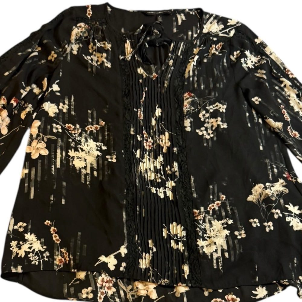 White House Black Market Pleated Tie Front Blouse in Black and Cream